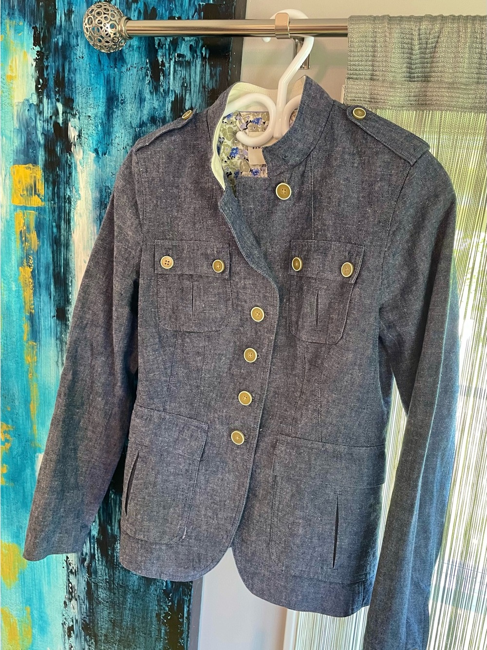 Banana Republic Chambray-Look Navy Military Blazer